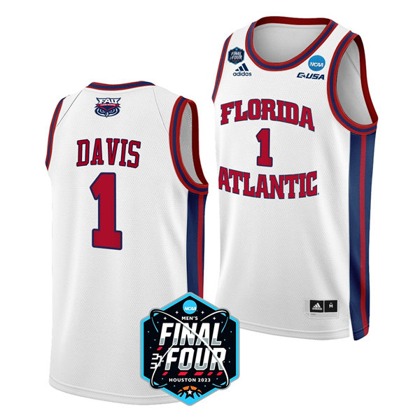 Mens Youth Florida Atlantic Owls #1 Johnell Davis 2023 NCAA Basketball Final Four Jersey White (2)