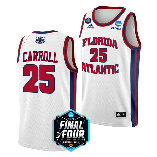 Mens Youth Florida Atlantic Owls #25 Tre Carroll 2023 NCAA Basketball Final Four Jersey White (3)
