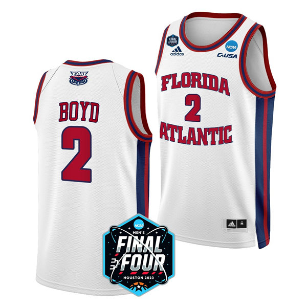 Mens Youth Florida Atlantic Owls #2 Nicholas Boyd 2023 NCAA Basketball Final Four Jersey White3)