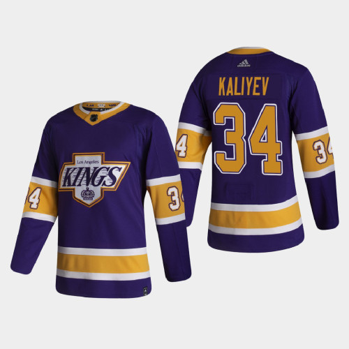 Mens Los Angeles Kings #34 Arthur Kaliyev Adidas 2021 Purple Reverse Retro Jersey