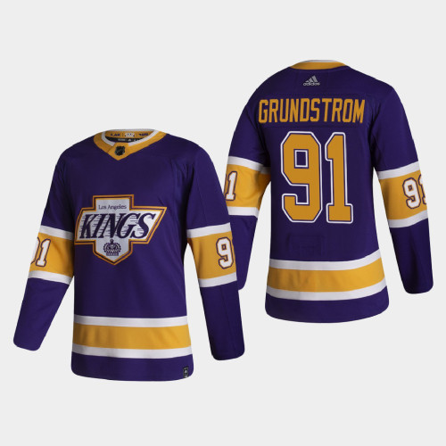 Mens Los Angeles Kings #91 Carl Grundstrom Adidas 2021 Purple Reverse Retro Jersey