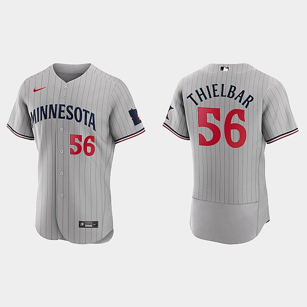 Mens Minnesota Twins #56 Caleb Thielbar Nike 2023 Gray Pinstripe Authentic Player Jersey