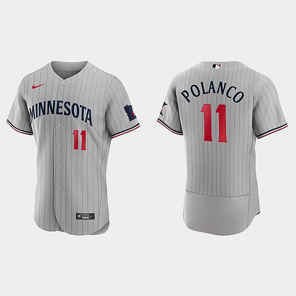 Mens Minnesota Twins #11 Jorge Polanco Nike 2023 Gray Pinstripe Authentic Player Jersey