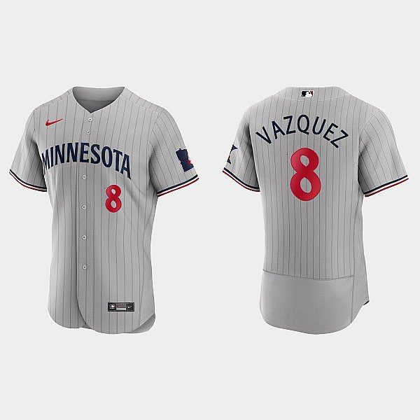 Mens Minnesota Twins #8 Christian Vazquez Nike 2023 Gray Pinstripe Authentic Player Jersey