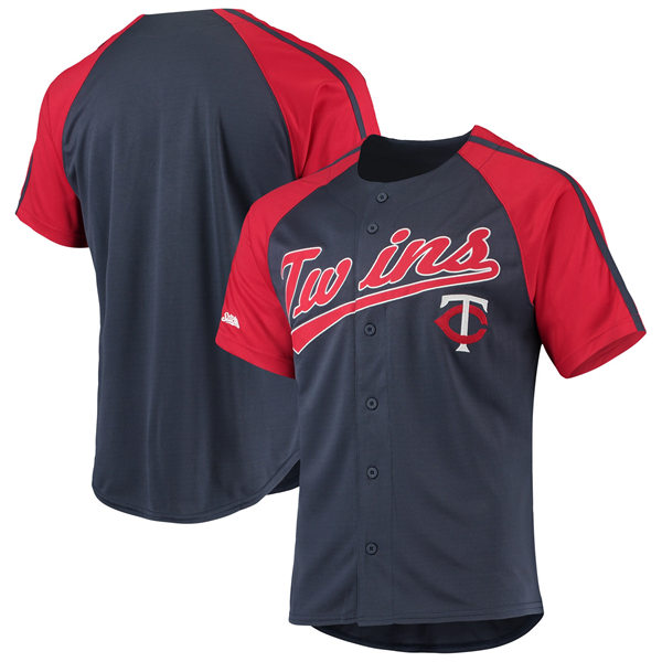 Mens Youth Minnesota Twins Custom Stitches Button-Down Raglan Replica Jersey - Navy