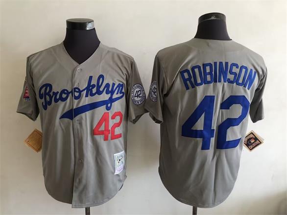 Men's Brooklyn Dodgers #42 Jackie Robinson Mitchell & Ness Grey Dual Patch Throwback Jersey