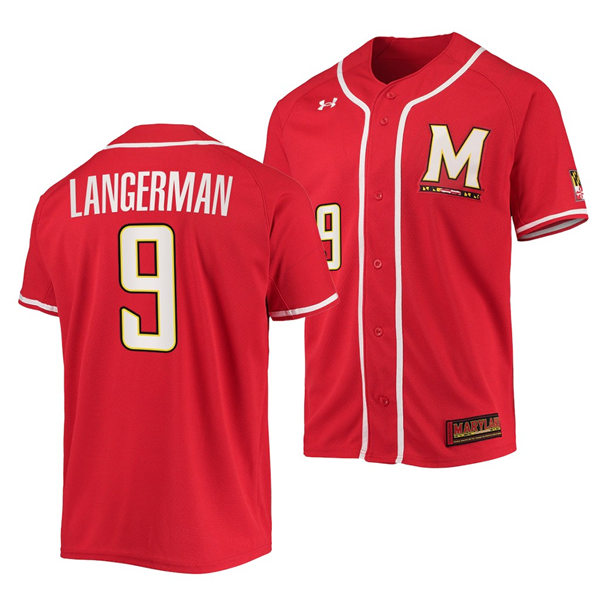 Mens Youth Maryland Terrapins #9 Riley Langerman Red College Baseball Game Jersey