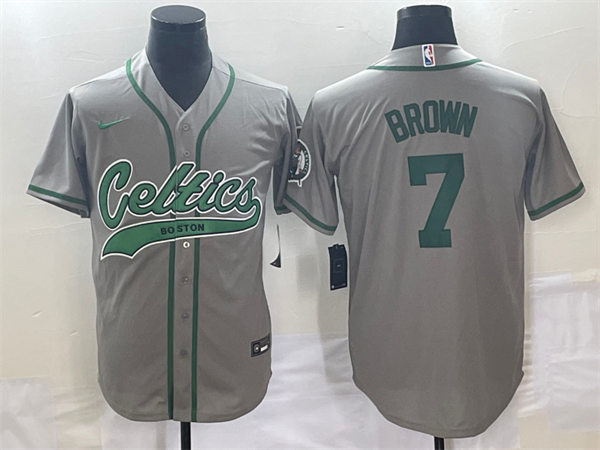 Mens Boston Celtics #7 Jaylen Brown Nike Gray Baseball Jersey