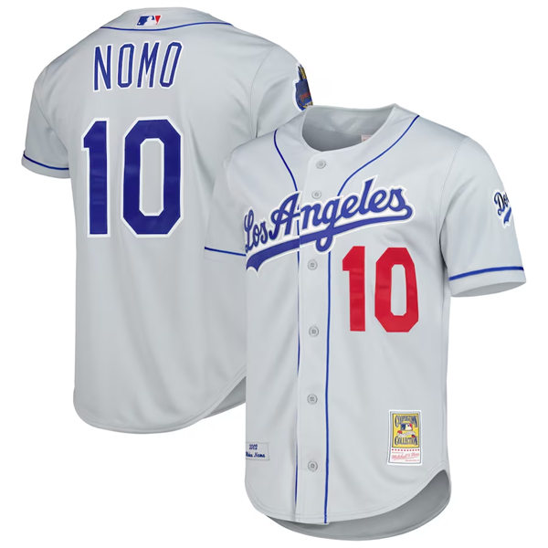 Men's Los Angeles Dodgers #10 Hideo Nomo Mitchell & Ness Gray Cooperstown Collection Authentic Jersey