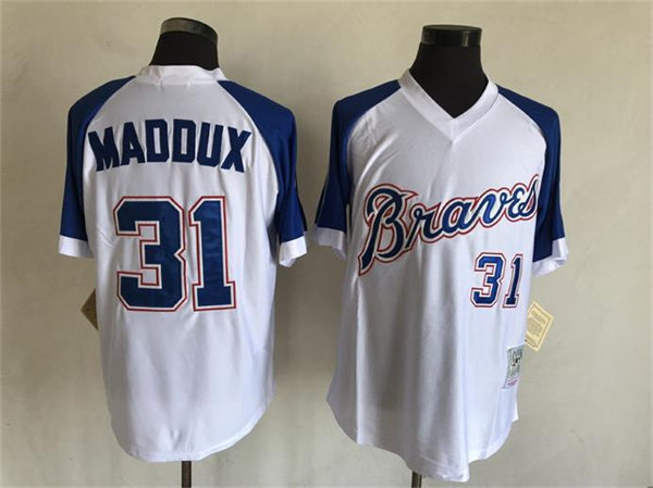 Mens Atlanta Braves Retired Player #31 Greg Maddux White Pullover Throwback Jersey