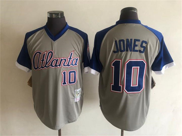 Mens Atlanta Braves Retired Player #10 Chipper Jones Mitchell&Ness Gray Pullover Throwback Jersey