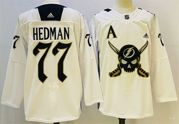Mens Tampa Bay Lightning #77 Victor Hedman 2023 White Gasparilla inspired Skull Logo Jersey