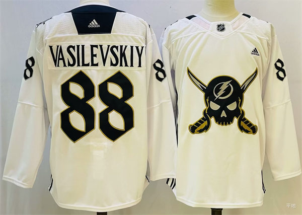Mens Tampa Bay Lightning #88 Andrei Vasilevskiy 2023 White Gasparilla inspired Skull Logo Jersey