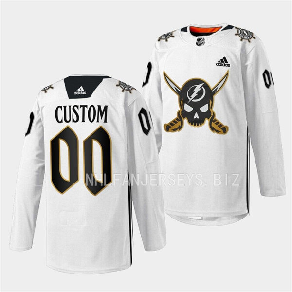 Mens Youth Tampa Bay Lightning Custom 2023 White Gasparilla inspired Skull Logo Jersey