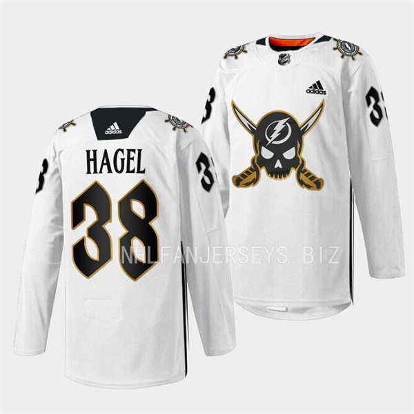 Mens Tampa Bay Lightning #38 Brandon Hagel 2023 White Gasparilla inspired Skull Logo Jersey
