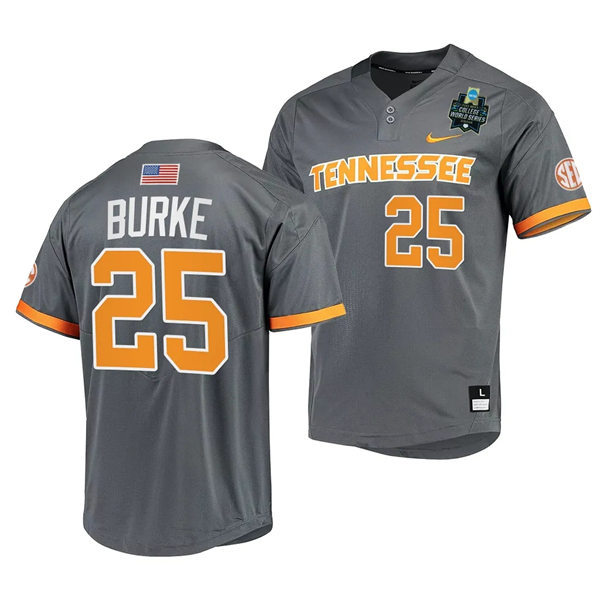 Mens Youth Tennessee Volunteers #25 Blake Burke Nike Charcoal two-Button Pullover With Name 2023 NCAA Baseball World Series Jersey