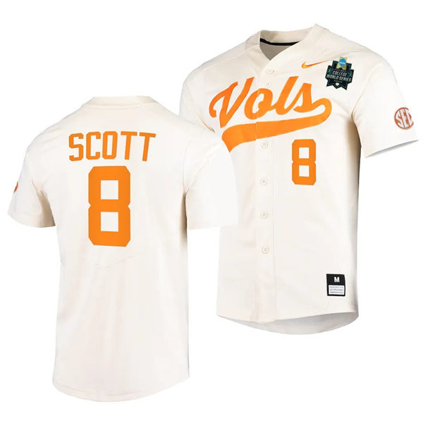 Mens Youth Tennessee Volunteers #8 Christian Scott Nike Cream With Name 2023 NCAA Baseball World Series Jersey