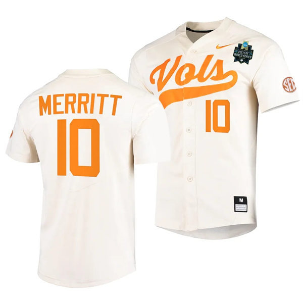 Mens Youth Tennessee Volunteers #10 Griffin Merritt Nike Cream With Name 2023 NCAA Baseball World Series Jersey