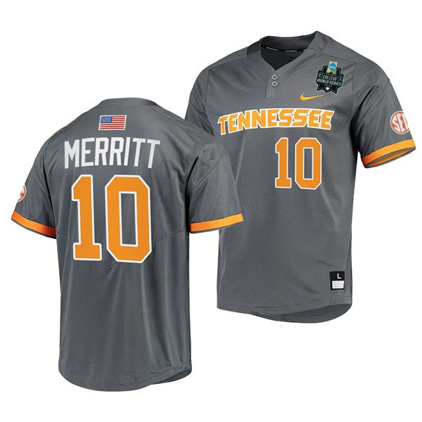 Mens Youth Tennessee Volunteers #10 Griffin Merritt Nike Charcoal two-Button Pullover With Name 2023 NCAA Baseball World Series Jersey
