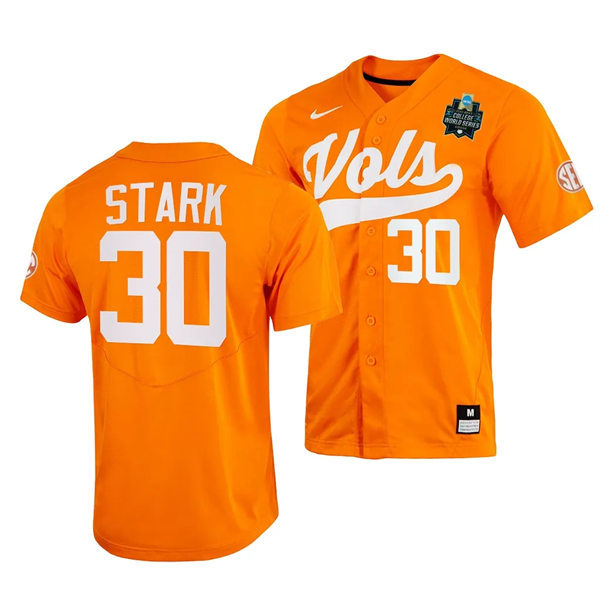 Mens Youth Tennessee Volunteers #30 Cal Stark Nike Orange With Name 2023 NCAA Baseball World Series Jersey