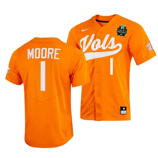 Mens Youth Tennessee Volunteers #1 Christian Moore Nike Orange With Name 2023 NCAA Baseball World Series Jersey