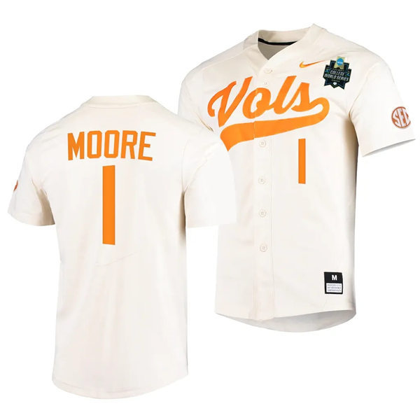 Mens Youth Tennessee Volunteers #1 Christian Moore Nike Cream With Name 2023 NCAA Baseball World Series Jersey