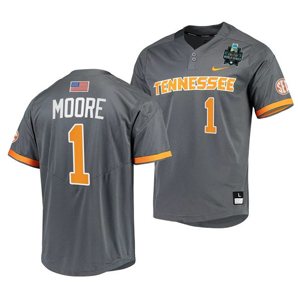 Mens Youth Tennessee Volunteers #1 Christian Moore Nike Charcoal two-Button Pullover With Name 2023 NCAA Baseball World Series Jersey