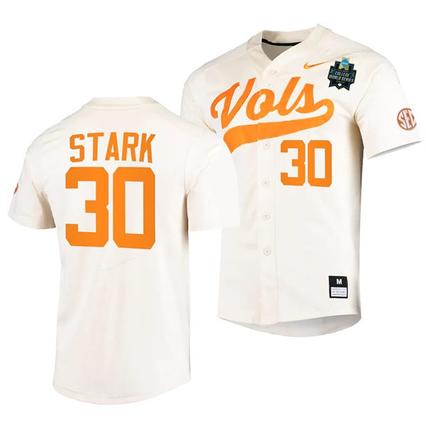 Mens Youth Tennessee Volunteers #30 Cal Stark Nike Cream With Name 2023 NCAA Baseball World Series Jersey