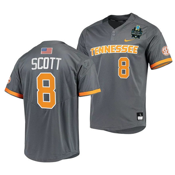 Mens Youth Tennessee Volunteers #8 Christian Scott Nike Charcoal two-Button Pullover With Name 2023 NCAA Baseball World Series Jersey