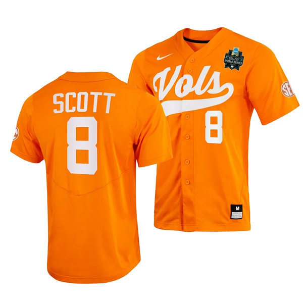 Mens Youth Tennessee Volunteers #8 Christian Scott Nike Orange With Name 2023 NCAA Baseball World Series Jersey