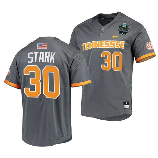 Mens Youth Tennessee Volunteers #30  Cal Stark Nike Charcoal two-Button Pullover With Name 2023 NCAA Baseball World Series Jersey