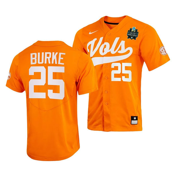 Mens Youth Tennessee Volunteers #25 Blake Burke Nike Orange With Name 2023 NCAA Baseball World Series Jersey