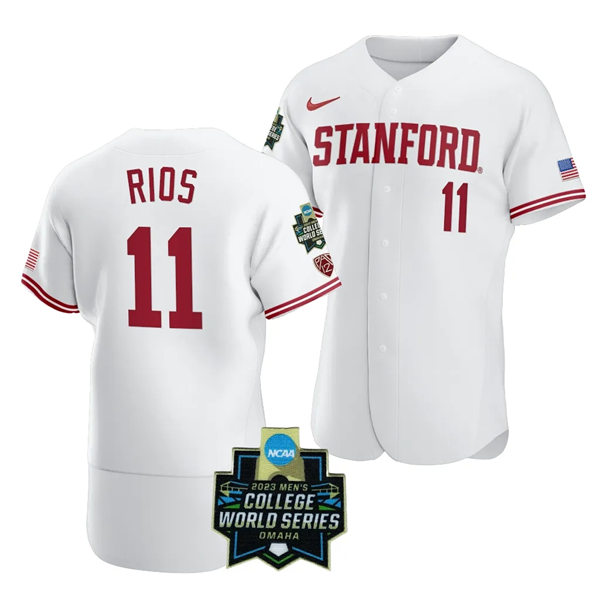 Mens Youth Stanford Cardinal #11 Alberto Rios Nike White Full Button 2023 College Baseball World Series Limited Jersey