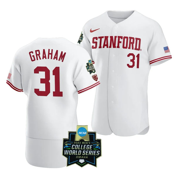 Mens Youth Stanford Cardinal #31 Carter Graham Nike White Full Button 2023 College Baseball World Series Limited Jersey