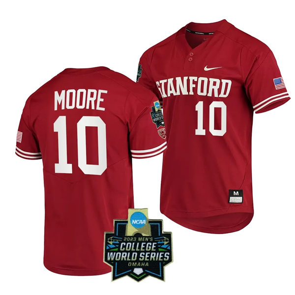 Mens Youth Stanford Cardinal #10 Malcolm Moore Nike Cardinal Full Button 2023 College Baseball World Series Limited Jersey