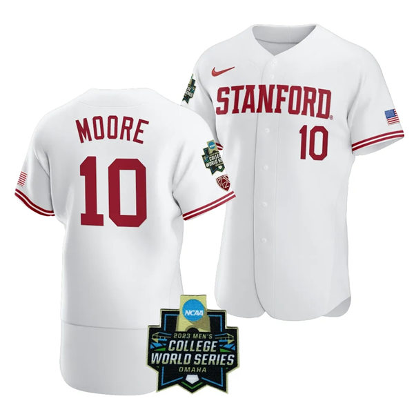 Mens Youth Stanford Cardinal #10 Malcolm Moore Nike White Full Button 2023 College Baseball World Series Limited Jersey