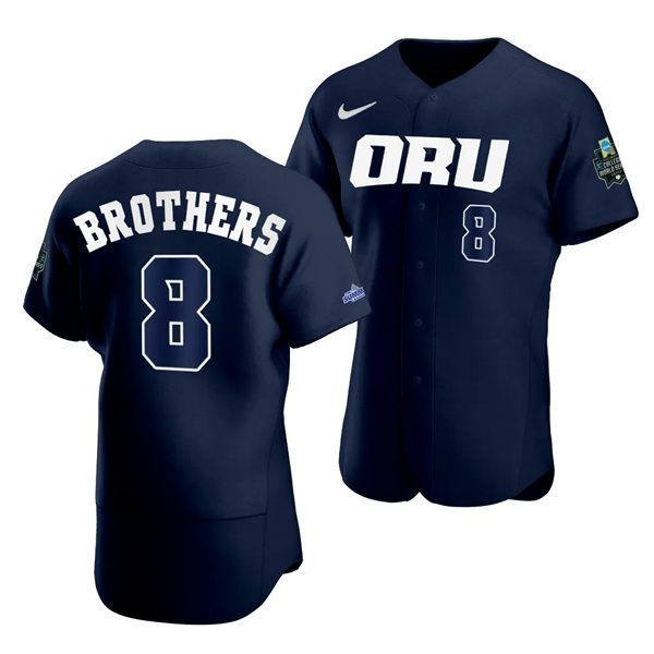 Mens Youth Oral Roberts Golden Eagles #8 Blaze Brothers Navy 2023 College World Series NCAA Baseball Jersey