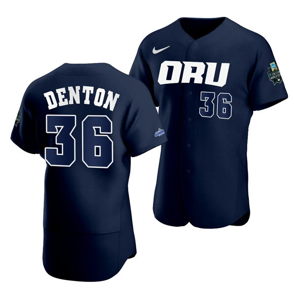 Mens Youth Oral Roberts Golden Eagles #36 Cade Denton Navy 2023 College Baseball World Series Jersey 