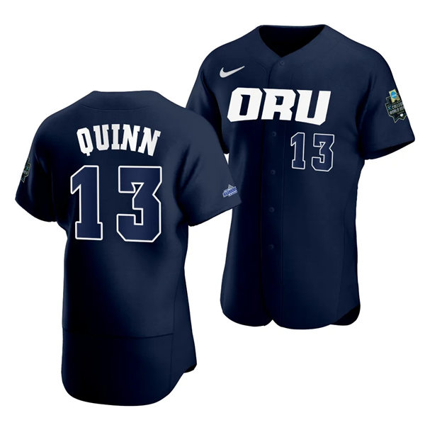 Mens Youth Oral Roberts Golden Eagles #13 Justin Quinn Navy 2023 College Baseball World Series Jersey 