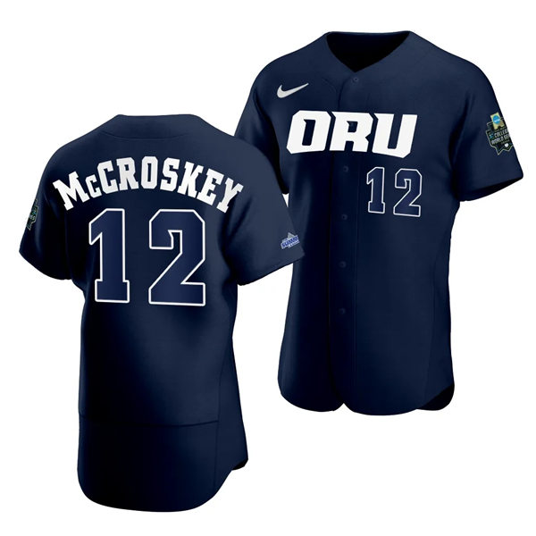 Mens Youth Oral Roberts Golden Eagles #12 Mac McCroskey Navy 2023 College Baseball World Series Jersey 