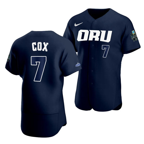 Mens Youth Oral Roberts Golden Eagles #7 Jonah Cox Navy 2023 College Baseball World Series Jersey 