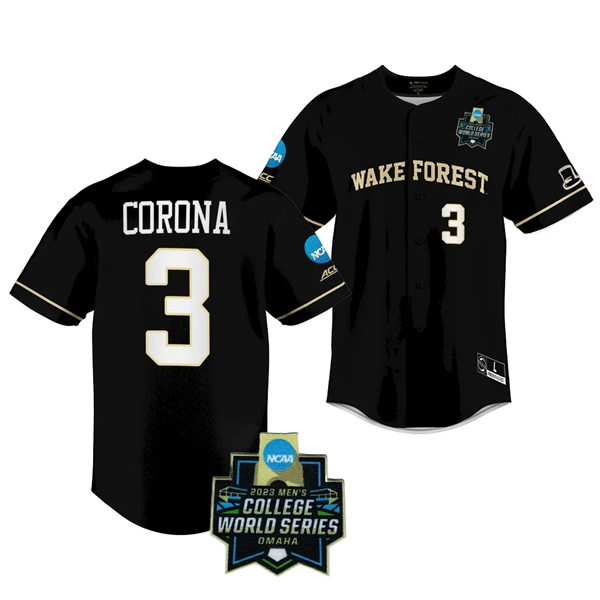 Mens Youth Wake Forest Demon Deacons #3 Danny Corona Nike Black 2023 College Baseball World Series Jersey