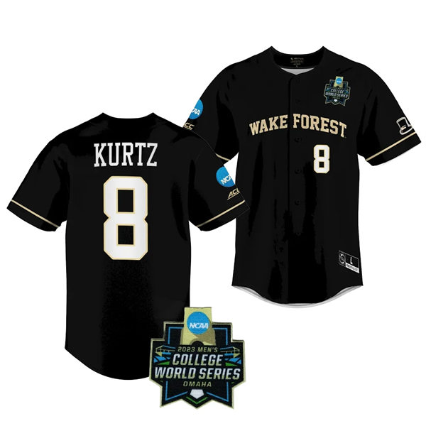 Mens Youth Wake Forest Demon Deacons #8 Nick Kurtz Nike Black 2023 College Baseball World Series Jersey