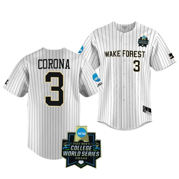 Mens Youth Wake Forest Demon Deacons #3 Danny Corona Nike White Pinstripe 2023 College Baseball World Series Jersey