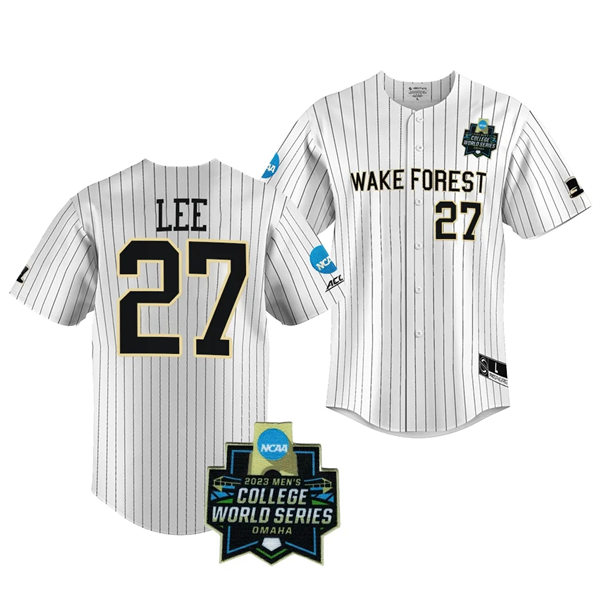 Mens Youth Wake Forest Demon Deacons #27 Bennett Lee Nike White Pinstripe 2023 College Baseball World Series Jersey