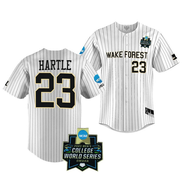 Mens Youth Wake Forest Demon Deacons #23 Josh Hartle Nike White Pinstripe 2023 College Baseball World Series Jersey