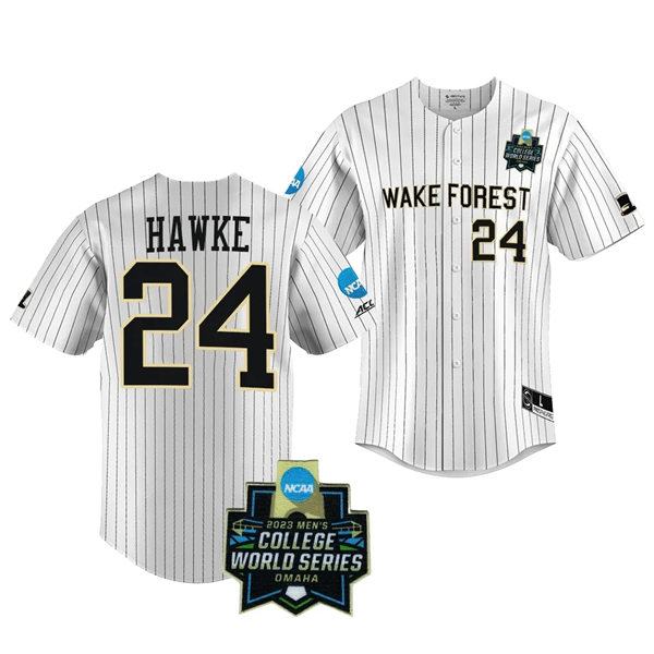 Mens Youth Wake Forest Demon Deacons #24 Tommy Hawke Nike White Pinstripe 2023 College Baseball World Series Jersey
