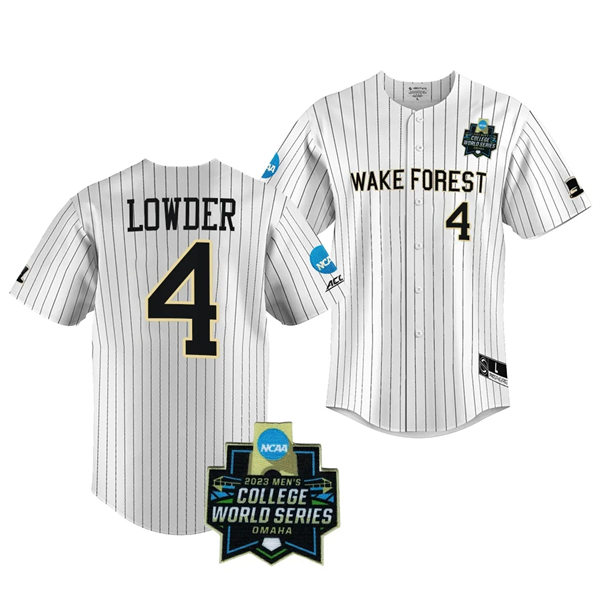 Mens Youth Wake Forest Demon Deacons #4 Rhett Lowder Nike White Pinstripe 2023 College Baseball World Series Jersey