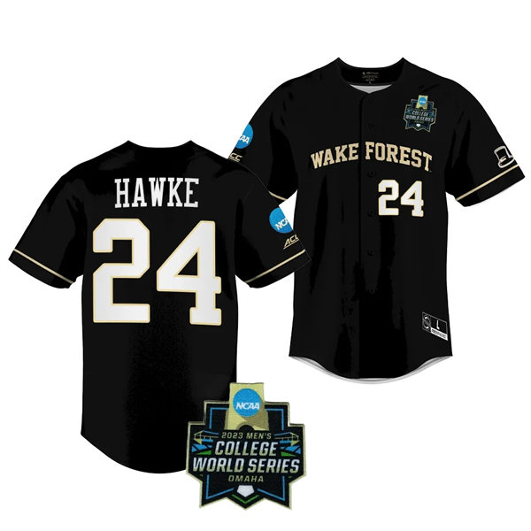 Mens Youth Wake Forest Demon Deacons #24 Tommy Hawke Nike Black 2023 College Baseball World Series Jersey