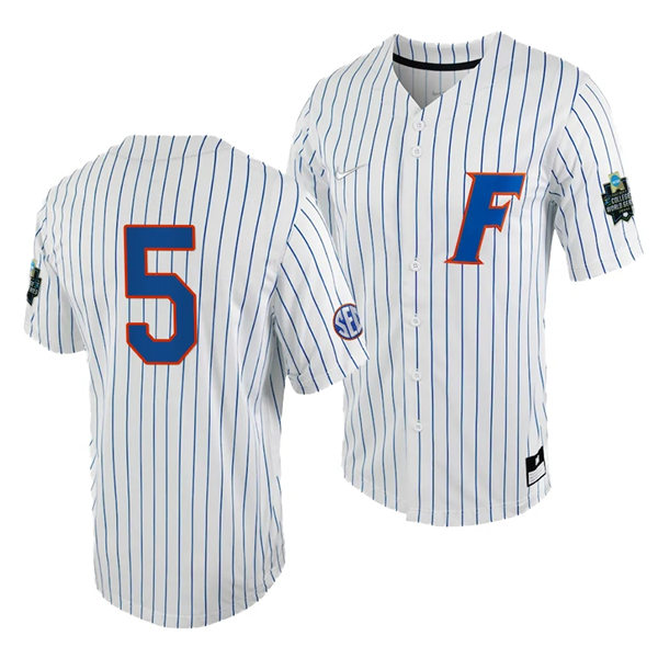 Mens Youth Florida Gators #5 Colby Halter Nike White Pinstripe 2023 College Baseball World Series Jersey